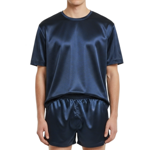 Ensemble de pyjama pour homme en satin soyeux de luxe 180g, tricoté, séchage rapide, t-shirt à col rond et short, logo frontal, bleu marine foncé, décontracté, été - Product Image 2