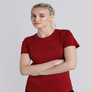 Camiseta de verano informal con cuello en R para mujer, color rojo sólido con patrón estampado y decoración de borlas de longitud regular suelta - Product Image 6