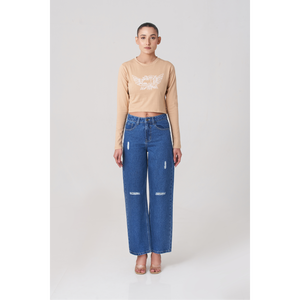 กางเกงยีนส์ขาดเอวสูง culotte สีน้ำเงิน - Product Image 4