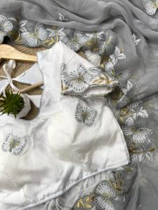 ส่าหรีผ้าไหมชิมเมอร์แท้เนื้อนุ่มพร้อมงานปักและขอบก้นแนวแฟนซีสไตล์ทันสมัย - Product Image 6