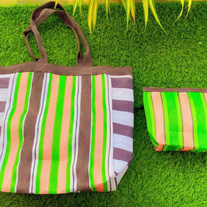 Sacs de plage recyclés en nylon avec pochette à cosmétiques tissé à rayures fait à la main fabricant et fournisseur de sacs uniques traditionnels indiens - Product Image 1