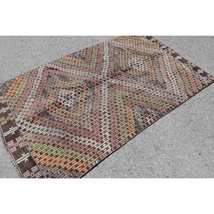 Alfombra Kilim turca Vintage 4,3X7,1 pies marrón verde diseño de retales tejido plano Jacquard técnicas lana látex pasillo rectángulo - Product Image 2