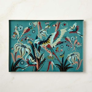 Plateau de service rectangulaire moderne décoratif avec émail, utilisation et impression florale d'oiseaux colorés, plateau en métal pour la maison, l'hôtel, les cadeaux - Product Image 2