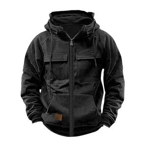 2025 <b>Men's</b> Autumn Winter Retro Solid Color Hoodie Jacket Comfortable Sportswear <b>Top</b> with Loose Fit and Multiple Pocket Design - Product Image 3