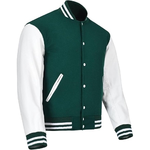 <b>Men</b> Classic Forest Green and <b>White</b> Varsity <b>Jacket</b> Authentic Athletic Letterman Bomber with Contrast Sleeves - Product Image 6
