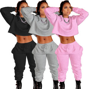 2024 Custom Women's Pullover Tracksuit 2-Piece Set OEM Transfer Printing Kangaroo <b>Pocket</b> Plain Color <b>Zip</b> Crop Tops <b>with</b> <b>Joggers</b> - Product Image 1