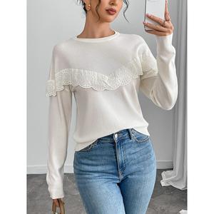 Pull en tricot floral pour femme avec col rond en dentelle à volants, manches longues, décontracté, anti-boulochage - Product Image 2