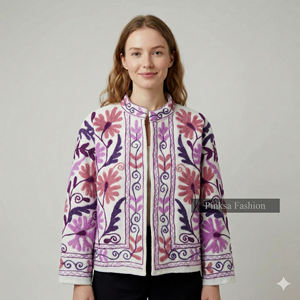 Chaqueta Artesanal Premium de Terciopelo y Algodón con Bordado Suzani Ecológico - Elegante Motivo Floral de Granada, Patrimonio Cultural - Product Image 1