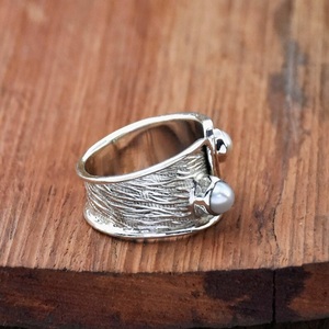 Fresh Water <b>Pearl</b> <b>Ring</b> 925 Sterling Silver Adjustable Textured Bohemian Birthstone Designer <b>Ring</b> Gift for Her - Product Image 4