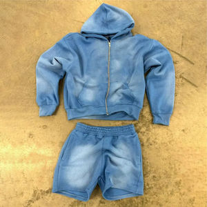 Venta al por mayor Vintage Sun Faded Hoodie and Short Sets Chándal Raw Hem Jogger Sweat suit Acid Wash Hoodies and Shorts Set Hombres - Product Image 1