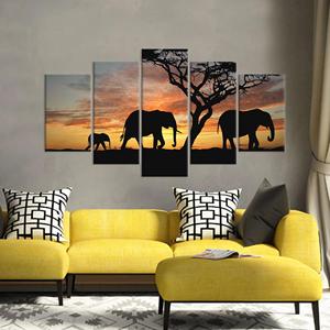 Arte en Lienzo con Silueta de Elefante: Impresión de Atardecer Africano - Lienzo Impreso, Juego de 5 Lienzos Variados - Product Image 1