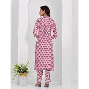 ชุดกางเกงคุรตะผ้าฝ้ายพิมพ์ลายบล็อกสีชมพู แขนสามส่วน สำหรับใส่ในชีวิตประจำวัน - Product Image 5