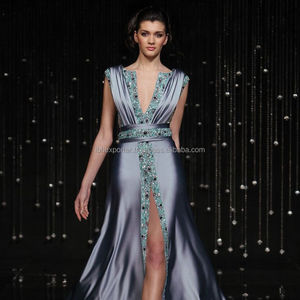 Kaftan de estilo de diseñador con cuello en V largo sin manga con tela de seda de la mejor calidad y cuentas brillantes que funcionan con cinturón - Product Image 1