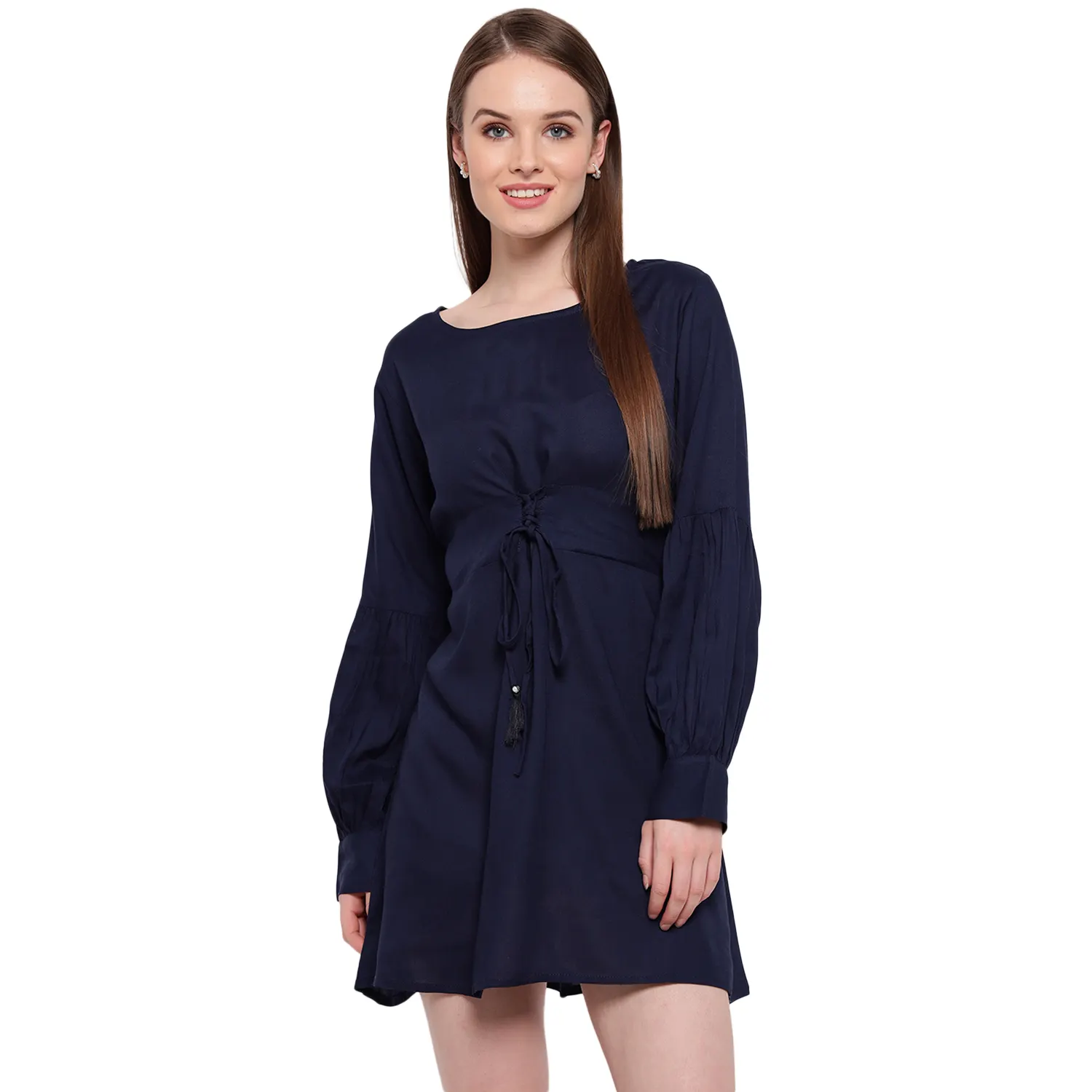 Women's Navy Blue Round Neck Flared Rayon A-Line Shoe Lace Top Style Short Dress With Full Sleeves (AM088)