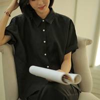 Chemisier en lin minimaliste pour femmes personnalisé grande taille à manches courtes haut décontracté ample avec bouton décoration Style formel Vintage