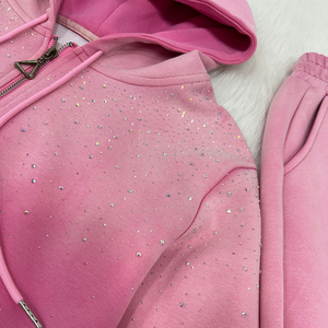 Conjunto de ropa de 2 piezas con diamantes de imitación y logotipo personalizado, trajes de mujer de manga larga con cremallera ajustable a la moda, Jogger - Product Image 4