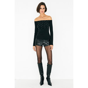 GRIMELANGE Women's <b>Off</b>-<b>Shoulder</b> <b>Long</b> <b>Sleeve</b> Blouse with Rhinestone Detail-Stretch Fabric Carmen Neck <b>Top</b> - Product Image 5