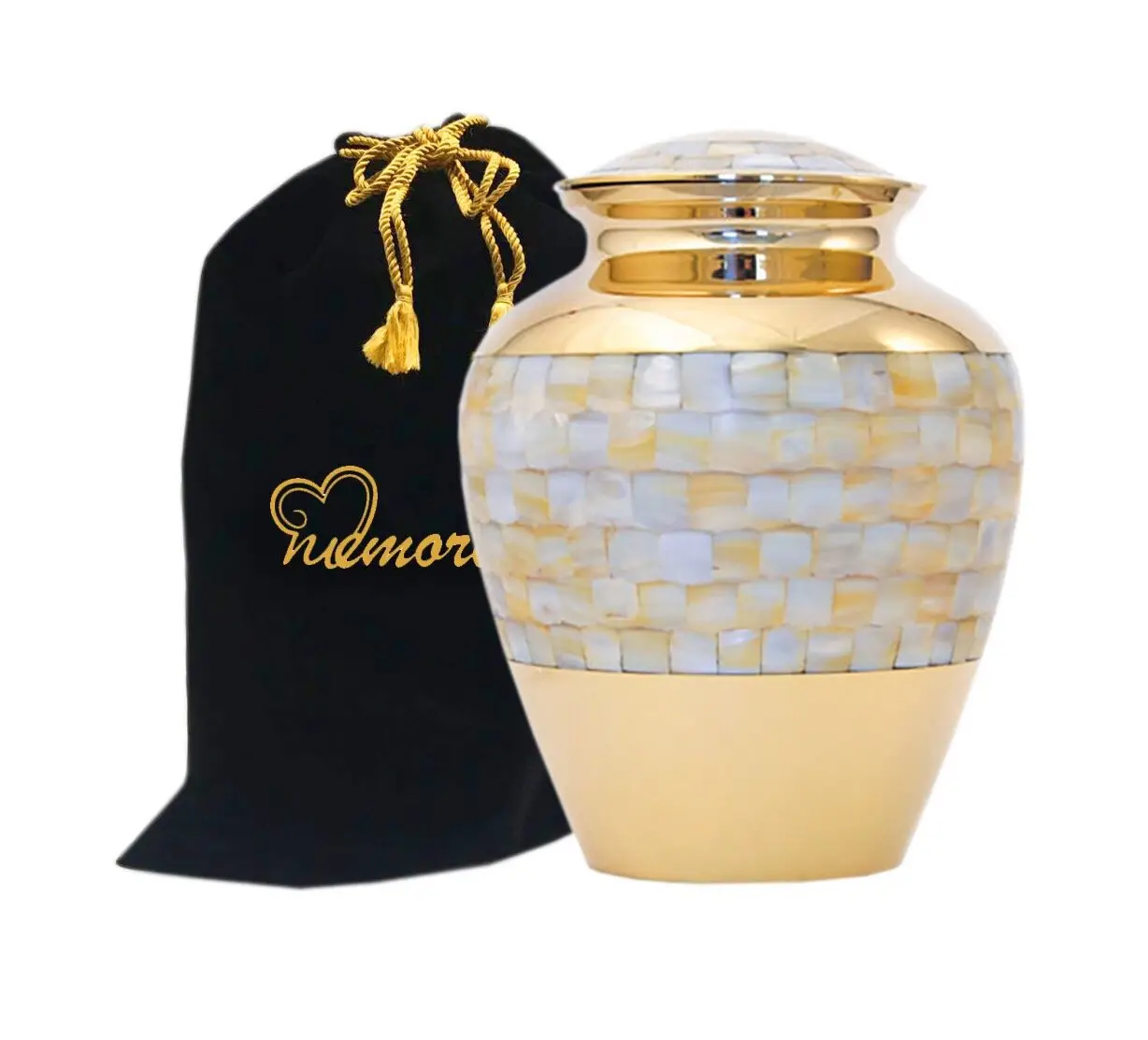 Latest Design Cremation Urn Inlay Mother of Pearl Gold Polish keepsake Cremation urn For Human Ashes Best Selling Metal Urn