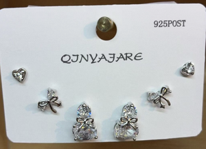 Orecchini a perno in argento Qjnyajare, stile francese, con cuore e fiocco, cristalli e strass, da donna, per tutti i giorni, in argento 925 - Product Image 3