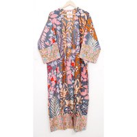 Ensemble de vêtements de nuit en coton indien Two Peace, longueur ras du sol, tissé, coupe trapèze, manches courtes, imprimé sérigraphié, comprenant robe, peignoir et manteau