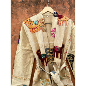 Bata de baño corta con estampado de animales para mujer, abrigo de algodón tejido a mano, kanta étnica, chaqueta de invierno hecha a mano, venta al por mayor - Product Image 2