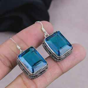 Boucles d'oreilles pendantes en topaze bleue de Londres, faites à la main, en argent sterling 925, bijoux élégants, cadeau pour femmes, design bohème - Product Image 3