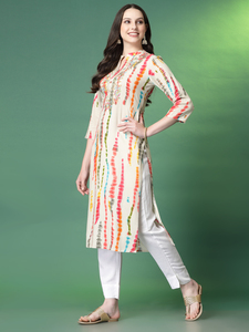 Conjuntos de Kurta Étnicos de Rayón Pesado de Calidad de Exportación India con Estampado Tie-Dye Multicolor, Cuello en V, Mangas Tres Cuartos, Lavables a Máquina para Verano - Product Image 4