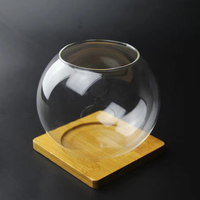 Terrarium en verre pour plantes avec base en bois, terrarium ventilé pour plantes de bureau, 12 cm, bricolage, aquarium rond en verre
