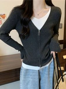 Women's Casual Two-Piece Winter <b>Sweater</b> Top with Bottoming <b>Shirt</b> Long Sleeve Cardigan with Contrast Color Front Logo - Product Image 3