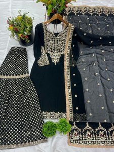 Exclusivo de mejor calidad, hermoso diseño, Color negro, Material de semipuntada, Georgette Top y Sharaar con Dupatta Set al por mayor - Product Image 5
