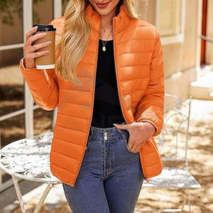 Veste matelassée pour femme tendance, manteau d'hiver matelassé léger, fermeture éclair intégrale, col montant, vêtements d'extérieur orange - Product Image 2