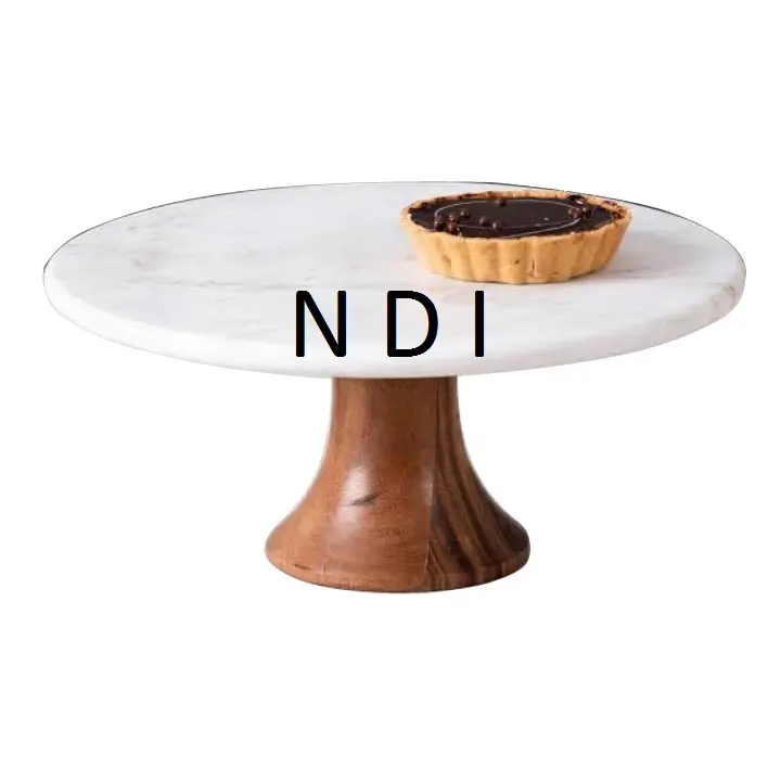 New Arrival Design Wooden Cake Server Stand With White Marble Round Top Cake Serving Stand For Table Top Decor Center Pieces