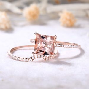 แหวนแต่งงานสีโรสโกลด์สวยพลอยมอร์แกไนท์สีชมพูหรูหราดีไซน์ใหม่แหวนประดับทองแท้พร้อมแหวนเพชรแท้ - Product Image 3