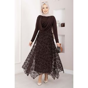 Brown Asymmetrical Tulle <b>Skirt</b> Lace Decoration <b>Elastic</b> Waistline Soft Breathable Satin Chiffon Fabric Digital Print Wrap A-Line - Product Image 1