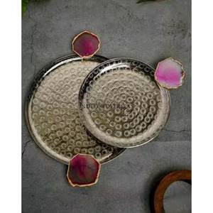 Set Of 2 Luxurious Quality Metal Round Shape Silver Shiny Polished Unique Design Engraved Serving Tray With Pink <b>Coaster</b> Handles - Product Image 1