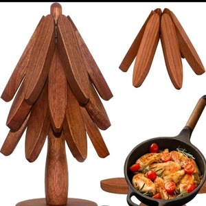 Dessous de plat chaud en forme d'arbre en bois massif avec 4 plats pliables naturels avec 1 support - Product Image 2