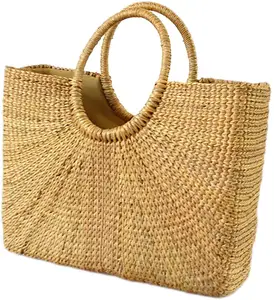 Bolsos de playa personalizados para mujer, cartera Retro de ratán, bolsas de viaje de madera con asa redonda, venta al por mayor