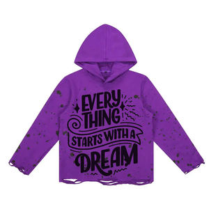 <b>Purple</b> Color <b>Men's</b> Raw Hem <b>Hoodies</b> Sweatshirts Made Cotton Fleece Distress 350 GSM Screen Print Logo <b>Hoodies</b> For Adult - Product Image 1