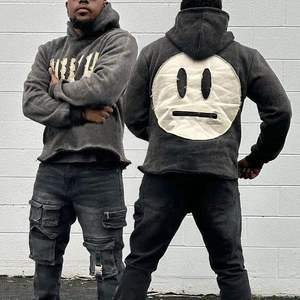 Sudaderas con capucha para hombre con diseño de bordado desgastado inverso/sudaderas con parche de sonrisa - Product Image 1