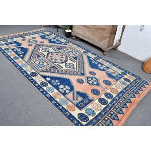 พรมตุรกีโบราณ4.7 x 9.8ft คลาสสิกสีฟ้าสีเบจแบบเย็บปะติดปะต่อกันวัสดุขนสัตว์ที่มีน้ำยางด้านหลังสำหรับตกแต่งห้องวัยรุ่น - Product Image 4