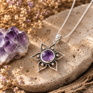 February Birthstone Amethyst Lotus Flower Necklace Mandala Inspired Design Purple Gemstone 925 Sterling Silver Calm Clarity - Product Image 3