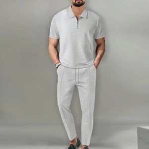 Tendance personnalisable hommes décontracté deux pièces été ensemble couleur unie col à manches courtes fermeture éclair pantalon costume respirant - Product Image 3