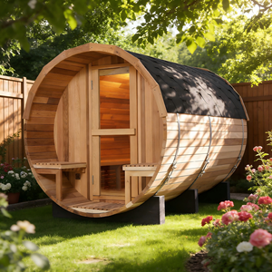 Sauna de Barril de Cedro Rojo Sólido (6 Personas) - Calentador de 6KW, Techo Impermeable y Porche con Bancos Dobles - Product Image 2