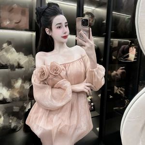 Citrouille à la mode au-dessus du genou robe hors épaule élégante manches longues Style doux motif solide pour les sorties de jour événements spéciaux - Product Image 6