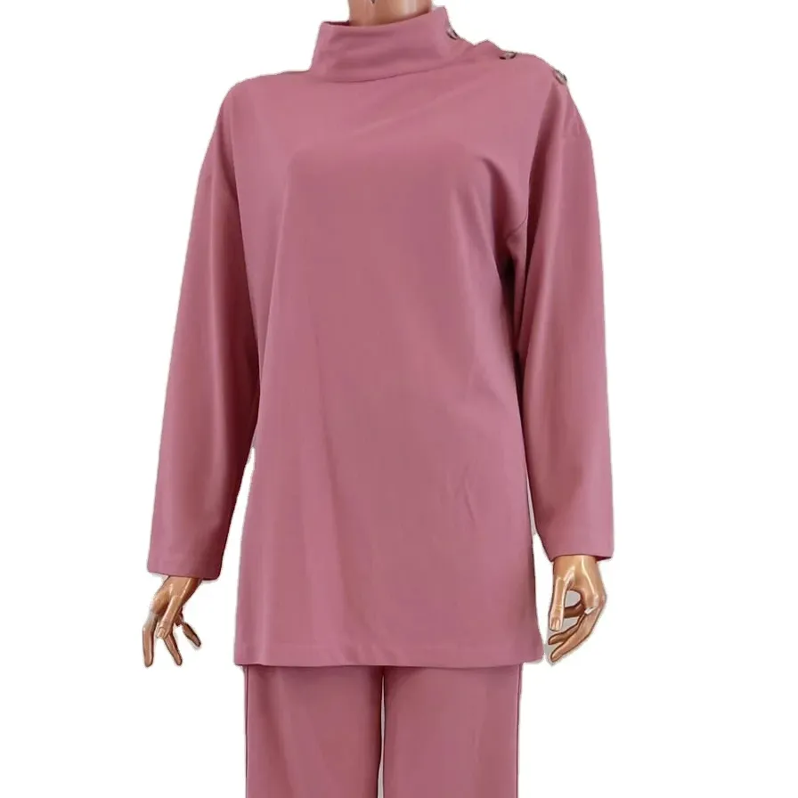 Haute qualité plongée crêpe tissu rose femmes tricot ensemble avec épaule bouton fermeture détail en gros