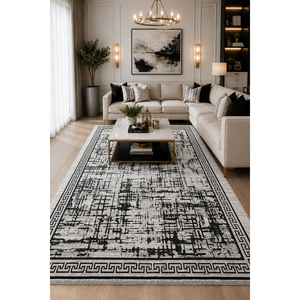 Tapis rectangulaire fait main à motif géométrique en mosaïque, noir, en polyester, pour salon, polyvalent pour chambre et couloir - Product Image 1