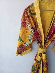 Winter Wear Sweet Style Kantha Jacket Long <b>Coat</b> Screen Print Floral V-neck Kimono <b>Robes</b> Soft Fabric Handmade Stitched Natural - Product Image 4