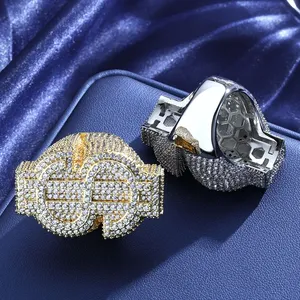 Bague en laiton plaqué or 18 carats avec symbole dollar micro-pavé de zircons, style hip-hop, personnalisable, bijou de créateur pour homme - Product Image 4