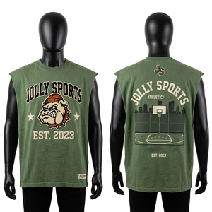 เสื้อยืดแขนกุดผู้ชายผ้าฝ้ายพรีเมียม GSM สีเขียวมะกอก พิมพ์ลายกราฟิก สกรีนโลโก้ตามสั่ง เสื้อยืดผ้าฝ้าย 100% สำหรับผู้ชาย ทรงหลวม พิมพ์ลาย - Product Image 1