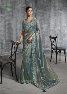 Sari en organza élégant de créateur avec de riches broderies Zari Dori et sequins, idéal pour les mariages et les fêtes, blouse cousue incluse - Product Image 4